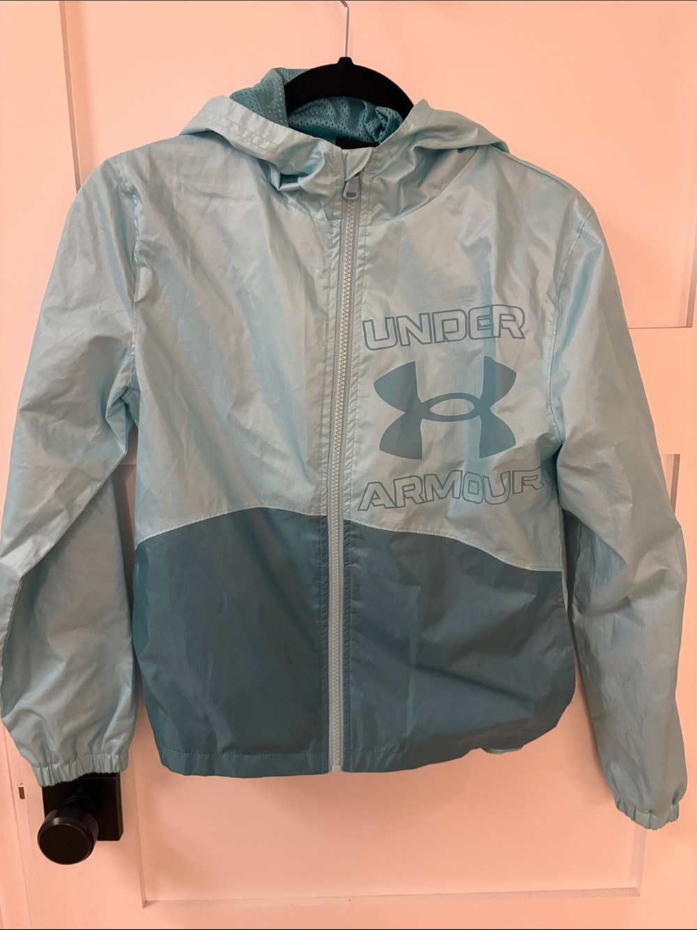 Under Armour Girls' Light Blue and Teal Hooded Rain Jacket
